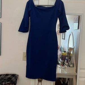 Royal blue off the shoulder bodycon dress with ruffled 3/4 sleeves